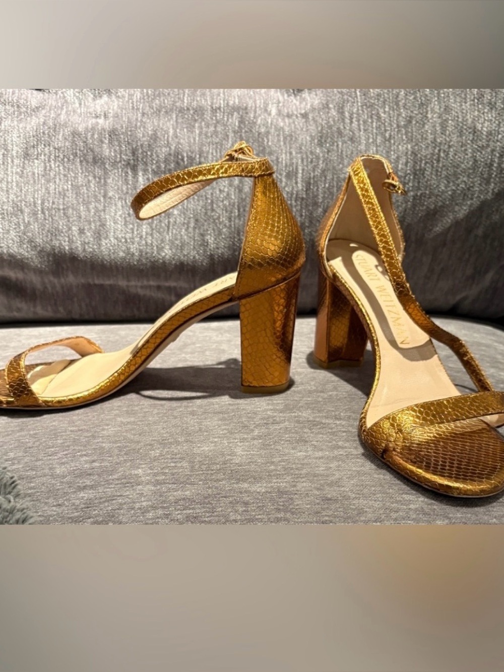 Stuart Weitzman Metallic Gold Textured Block Heel Sandals